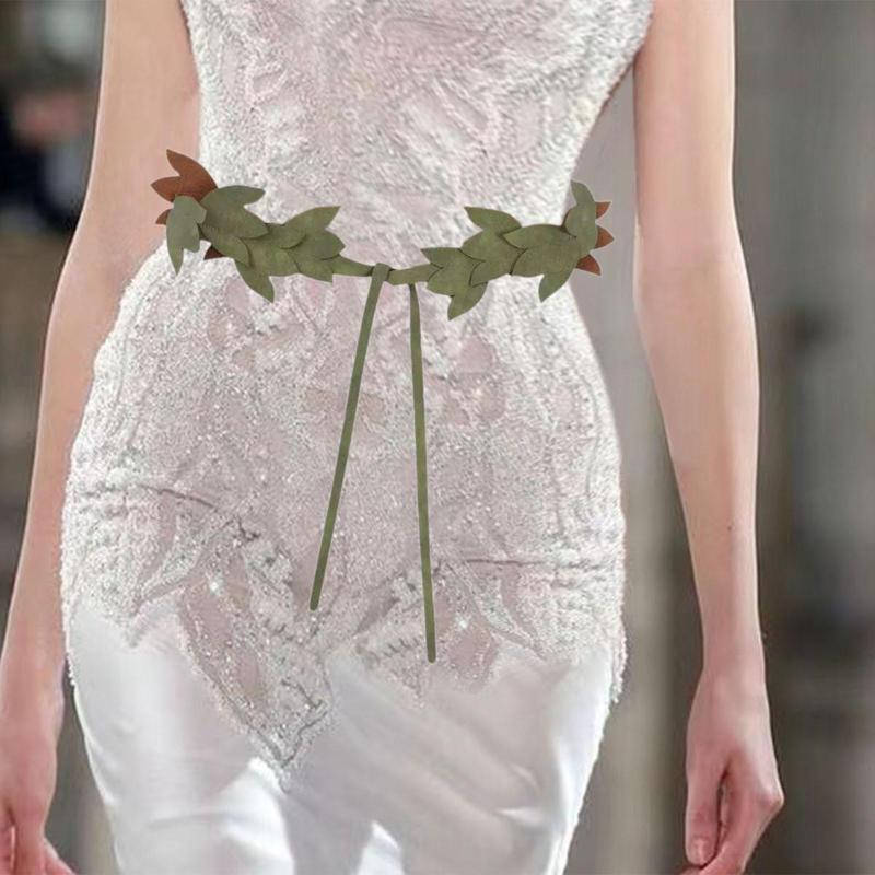 Adjustable Renaissance Women's PU Leather Waist Belt with Green Leaf Dress Belt